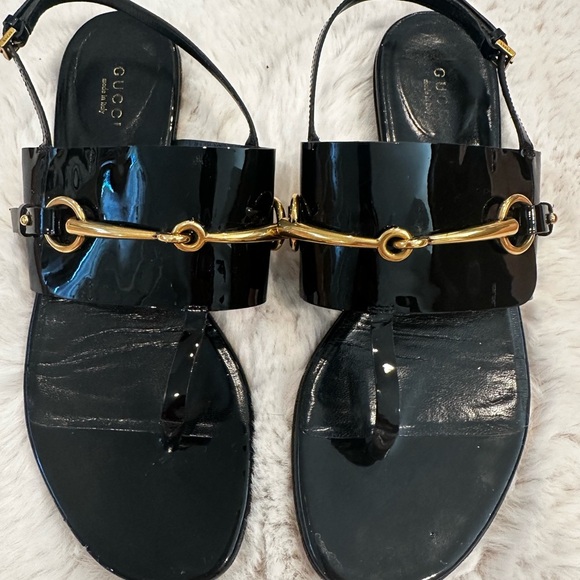 Gucci Shoes - Gucci Glossy Black and Gold Sandals